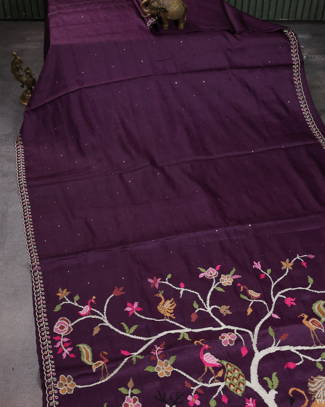 Wine Tussar Silk Saree