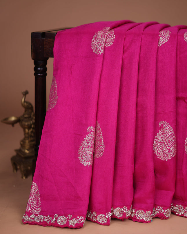 Pink Banarasi Silk Saree With Embroidered Readymade Blouse
