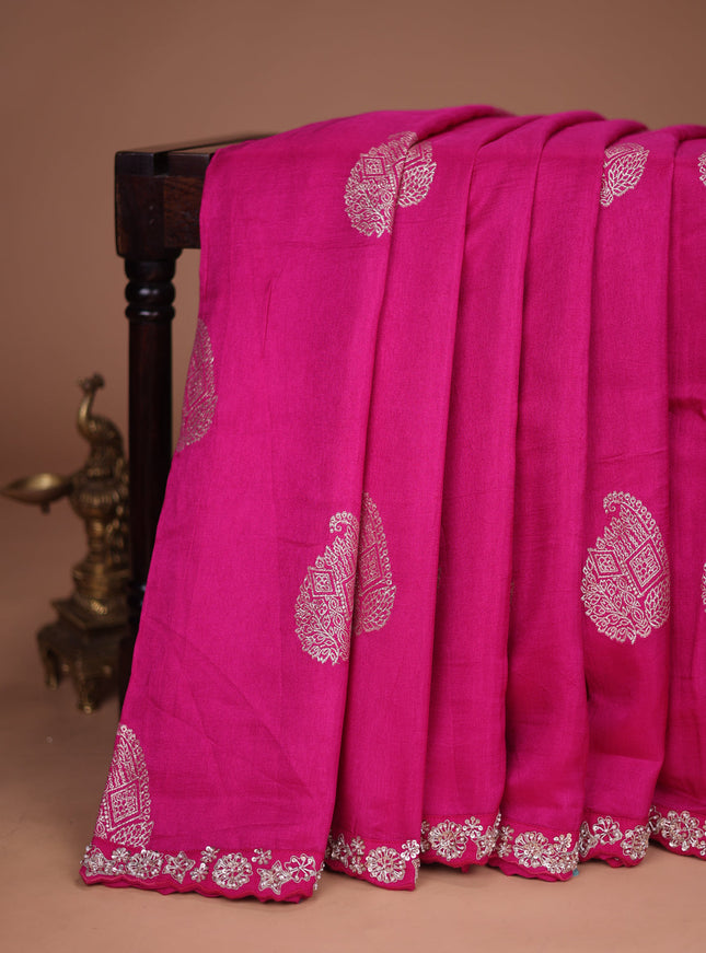 Pink Banarasi Silk Saree With Embroidered Readymade Blouse