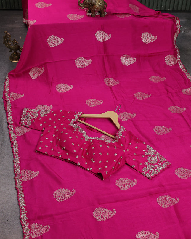 Pink Banarasi Silk Saree With Embroidered Readymade Blouse