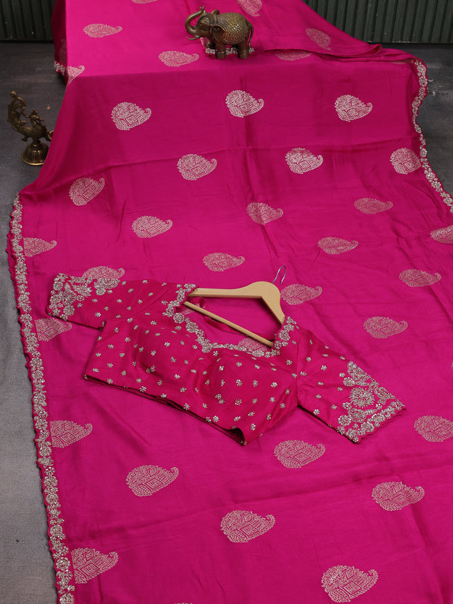 Pink Banarasi Silk Saree With Embroidered Readymade Blouse