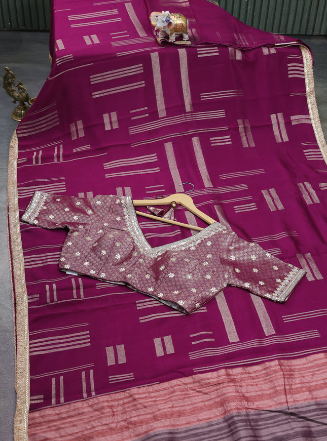 Purple Banarasi Silk Saree With Embroidered Readymade Blouse