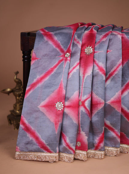Grey-Red Tussar Silk Saree With Embroidered Readymade Blouse