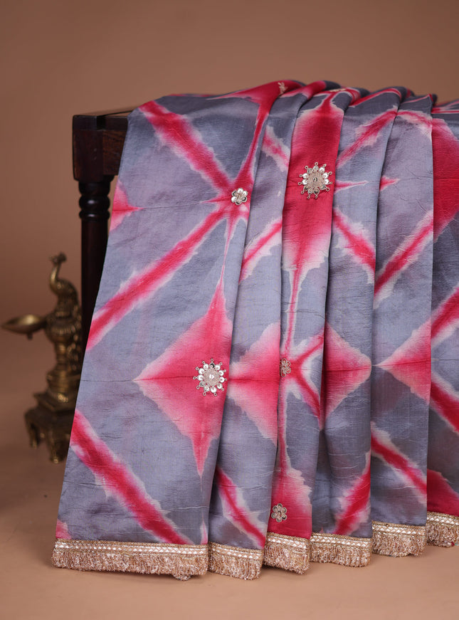 Grey-Red Tussar Silk Saree With Embroidered Readymade Blouse