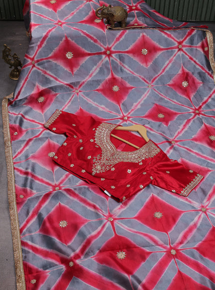 Grey-Red Tussar Silk Saree With Embroidered Readymade Blouse