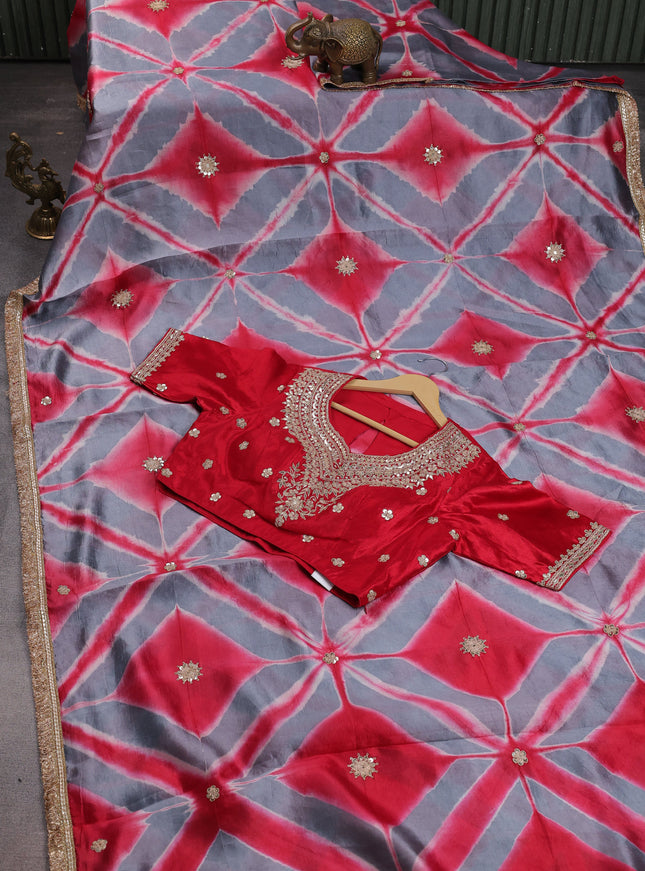 Grey-Red Tussar Silk Saree With Embroidered Readymade Blouse