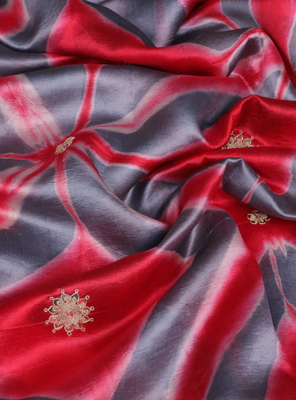Grey-Red Tussar Silk Saree With Embroidered Readymade Blouse