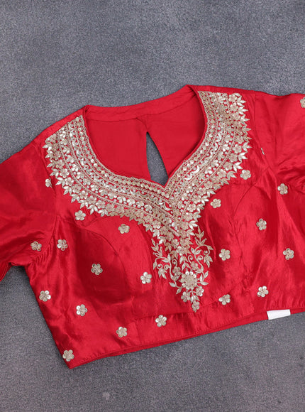 Grey-Red Tussar Silk Saree With Embroidered Readymade Blouse