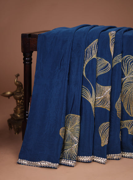 Peacock Blue Satin Silk Saree With Embroidered Readymade Blouse