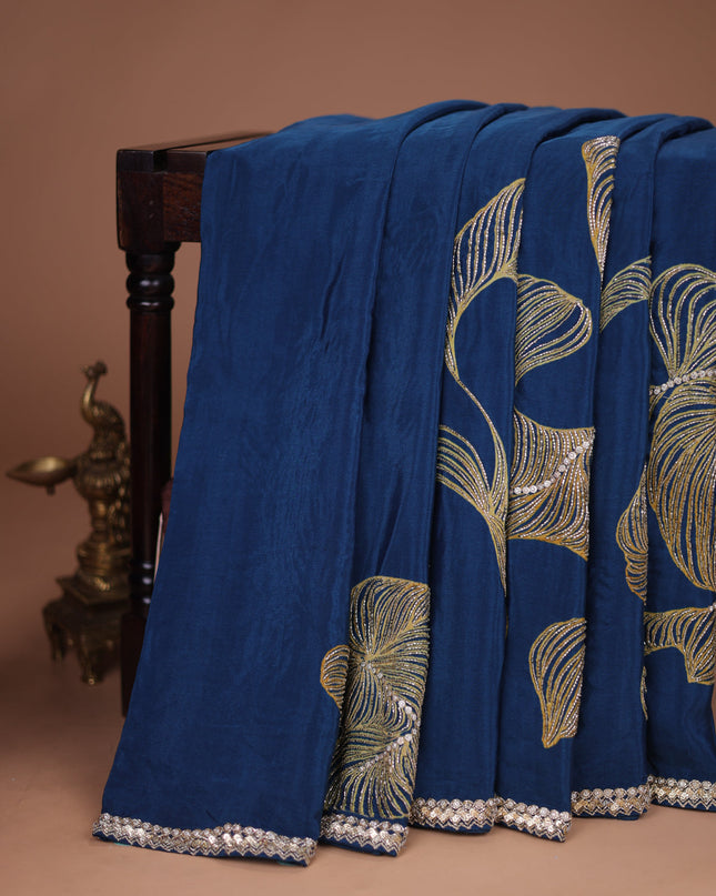 Peacock Blue Satin Silk Saree With Embroidered Readymade Blouse