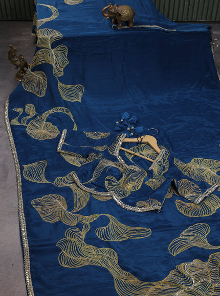 Peacock Blue Satin Silk Saree With Embroidered Readymade Blouse