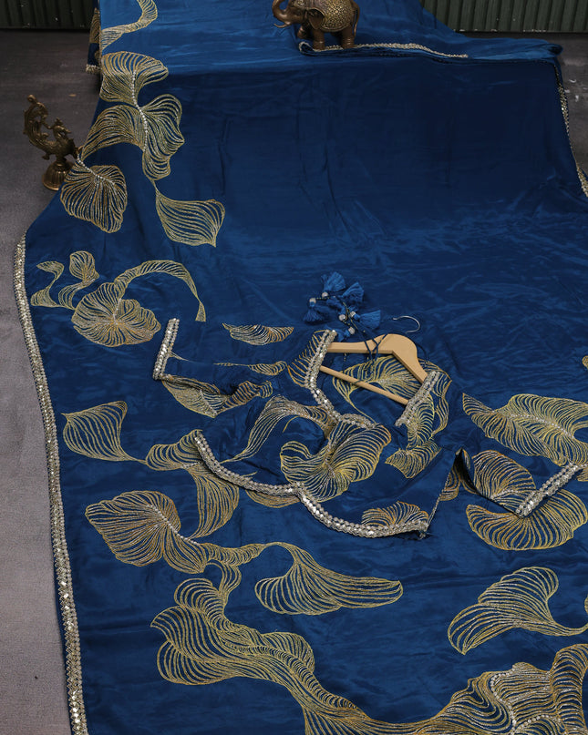 Peacock Blue Satin Silk Saree With Embroidered Readymade Blouse