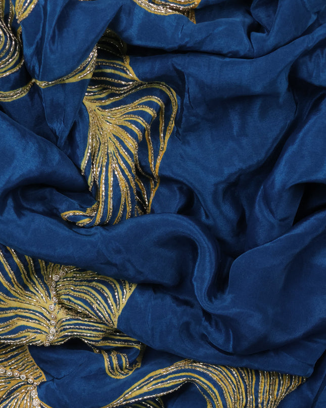 Peacock Blue Satin Silk Saree With Embroidered Readymade Blouse
