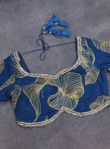 Peacock Blue Satin Silk Saree With Embroidered Readymade Blouse