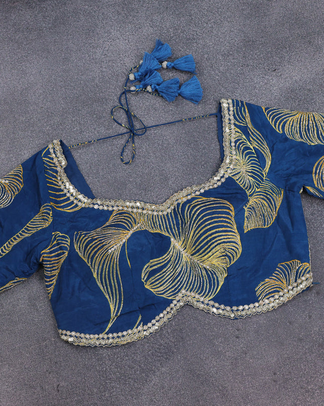 Peacock Blue Satin Silk Saree With Embroidered Readymade Blouse