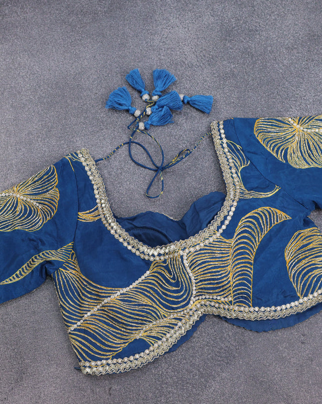 Peacock Blue Satin Silk Saree With Embroidered Readymade Blouse