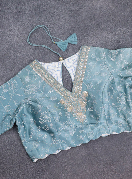 Light Blue Tussar Silk Saree With Embroidered Readymade Blouse