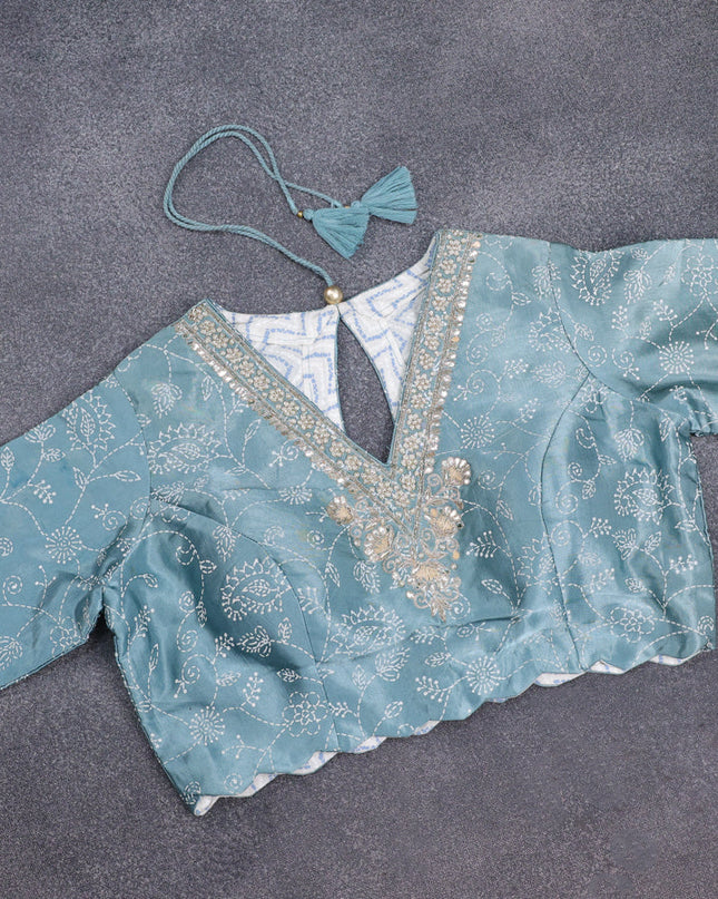 Light Blue Tussar Silk Saree With Embroidered Readymade Blouse