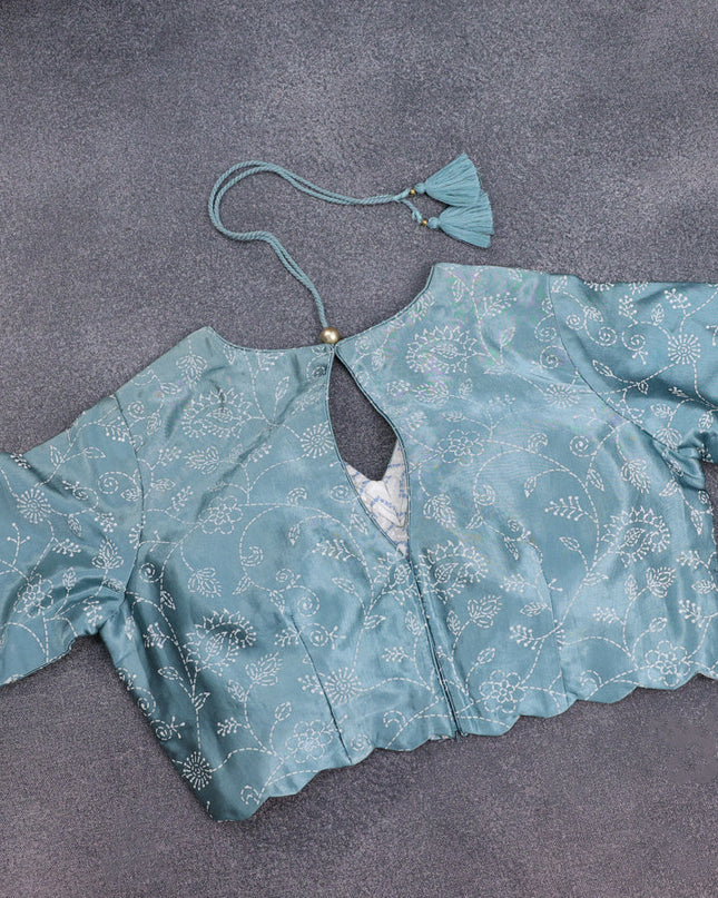 Light Blue Tussar Silk Saree With Embroidered Readymade Blouse