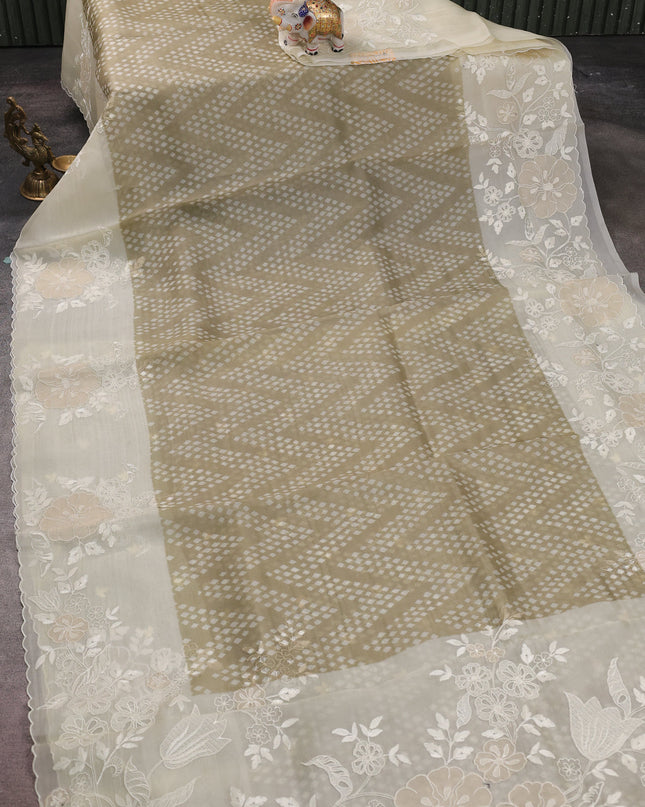 Elaichi Green - Cream Organza Silk Saree