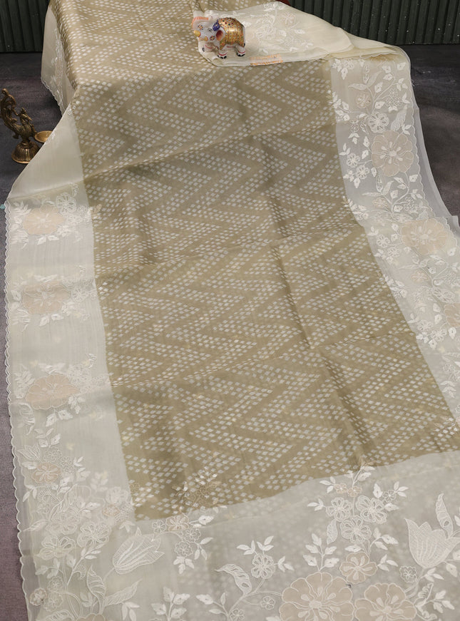 Elaichi Green - Cream Organza Silk Saree