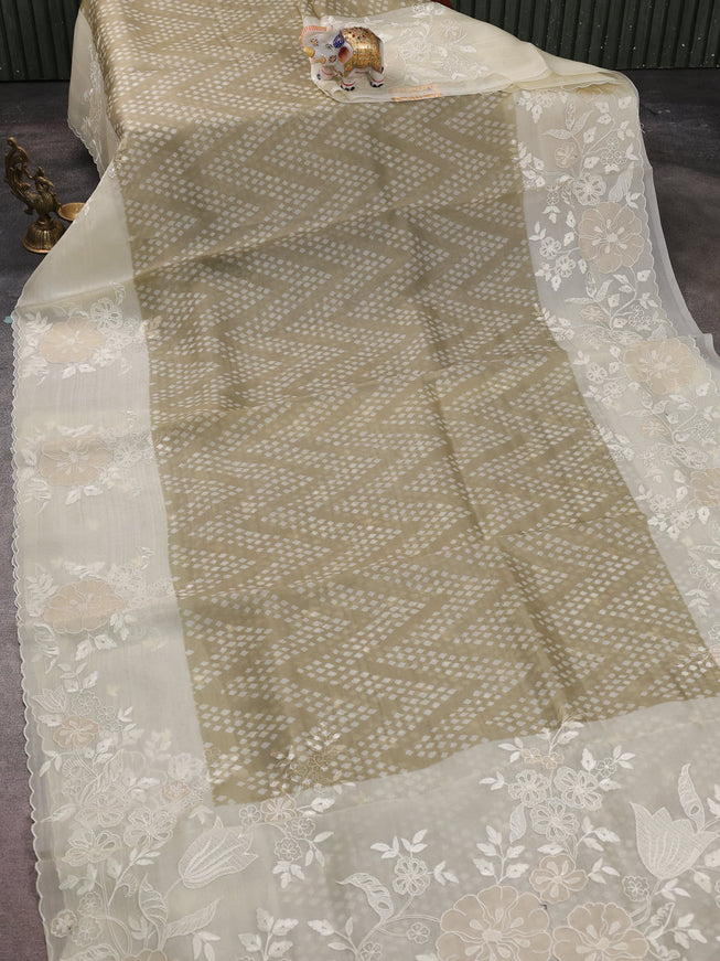 Elaichi Green - Cream Organza Silk Saree