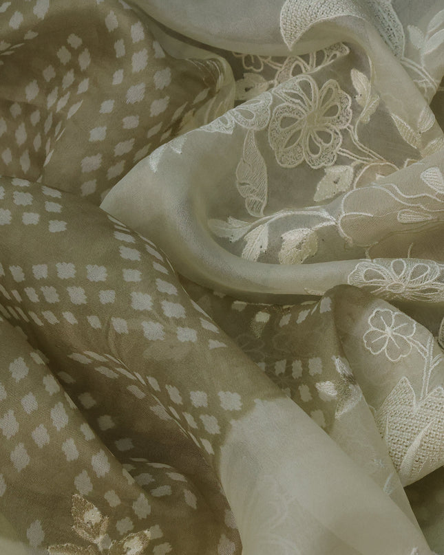 Elaichi Green - Cream Organza Silk Saree