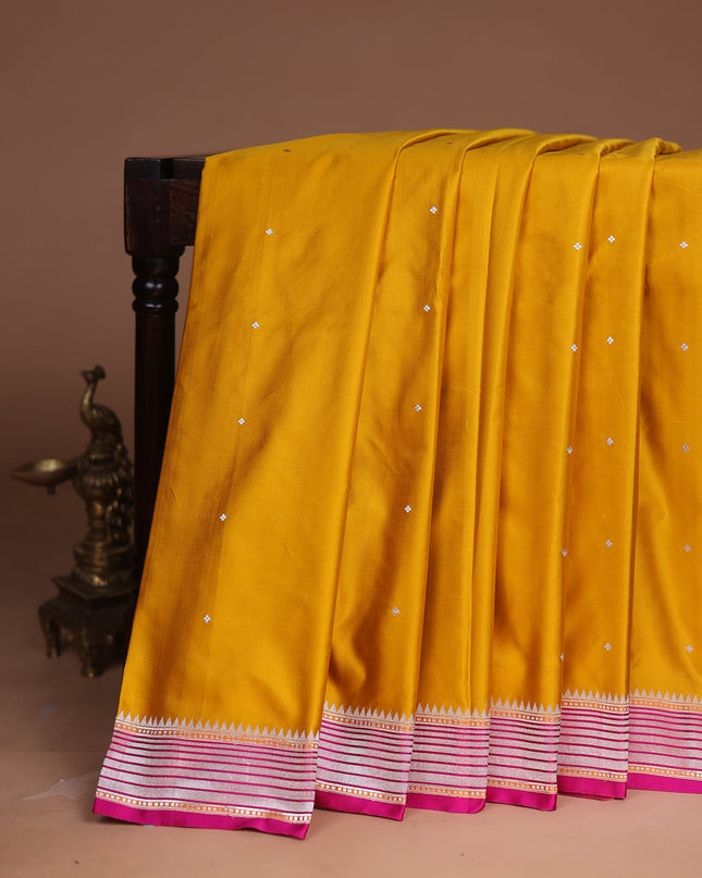 Mustard Yellow - Pink Banarasi Mushru Silk Saree