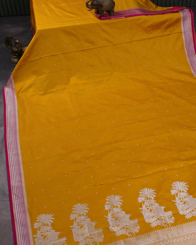 Mustard Yellow - Pink Banarasi Mushru Silk Saree