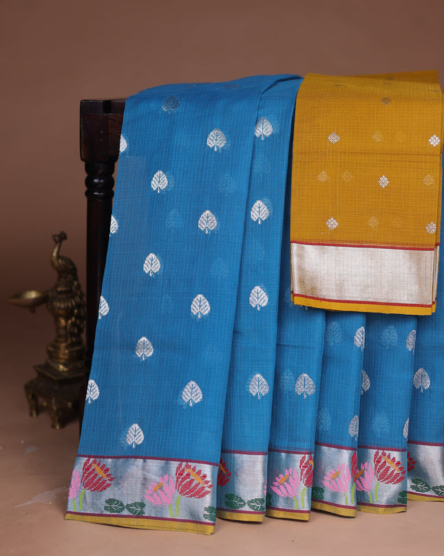 Turquoise Blue - Mustard Yellow Kota Cotton Real Zari Saree