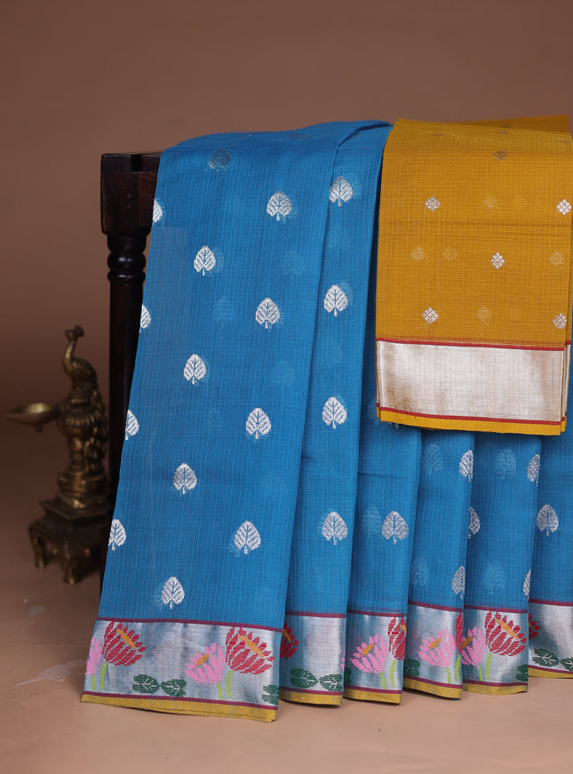 Turquoise Blue - Mustard Yellow Kota Cotton Real Zari Saree
