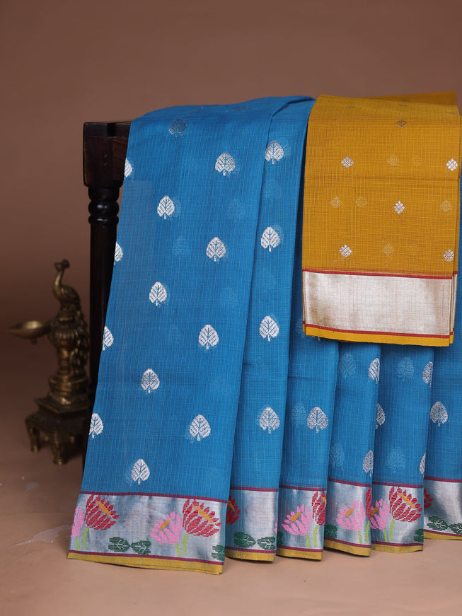 Turquoise Blue - Mustard Yellow Kota Cotton Real Zari Saree