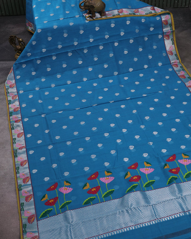 Turquoise Blue - Mustard Yellow Kota Cotton Real Zari Saree