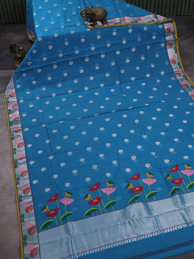 Turquoise Blue - Mustard Yellow Kota Cotton Real Zari Saree
