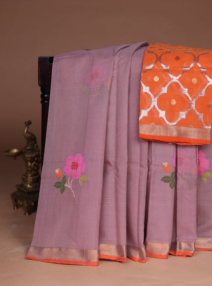 Onion Pink - Orange Kota Cotton Real Zari Saree