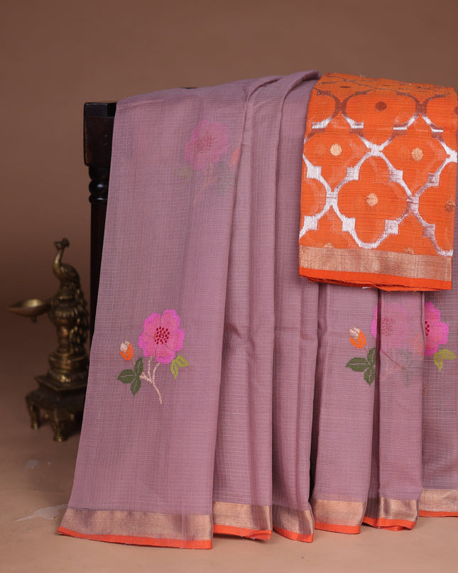 Onion Pink - Orange Kota Cotton Real Zari Saree