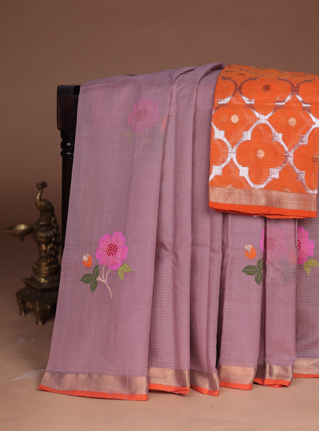Onion Pink - Orange Kota Cotton Real Zari Saree