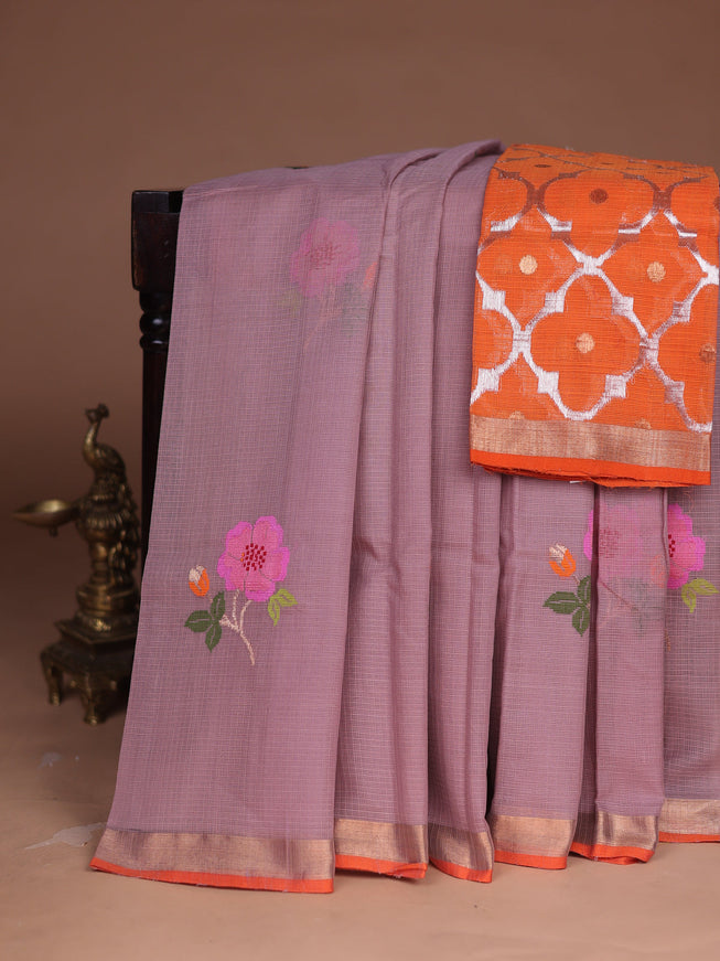 Onion Pink - Orange Kota Cotton Real Zari Saree