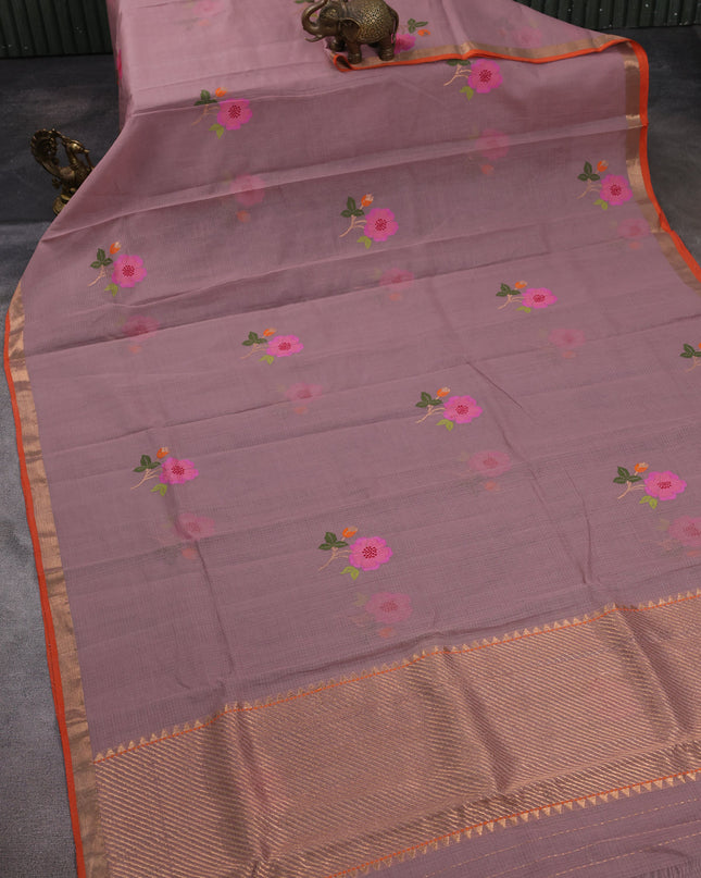 Onion Pink - Orange Kota Cotton Real Zari Saree