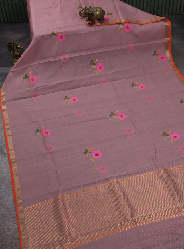 Onion Pink - Orange Kota Cotton Real Zari Saree