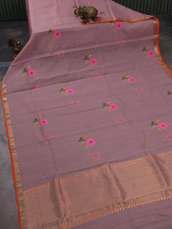 Onion Pink - Orange Kota Cotton Real Zari Saree