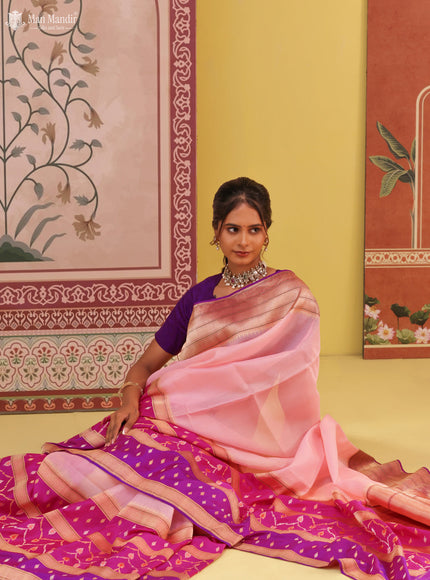 Peach - Pink Banarasi Ektara Kora Silk Saree
