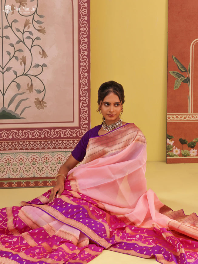 Peach - Pink Banarasi Ektara Kora Silk Saree