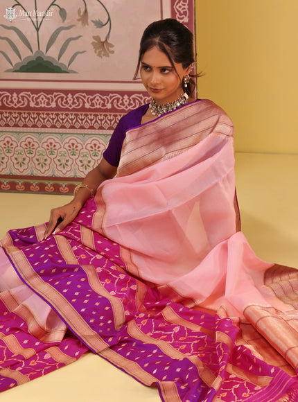 Peach - Pink Banarasi Ektara Kora Silk Saree