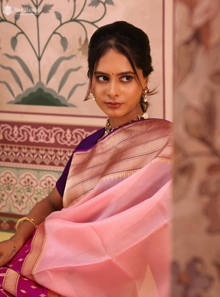 Peach - Pink Banarasi Ektara Kora Silk Saree