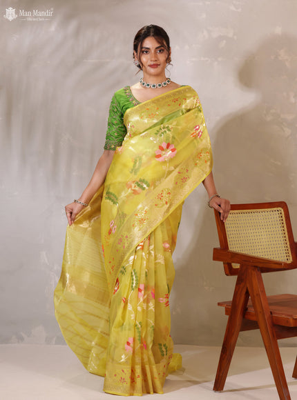 Yellow Banarasi Kora Silk Saree