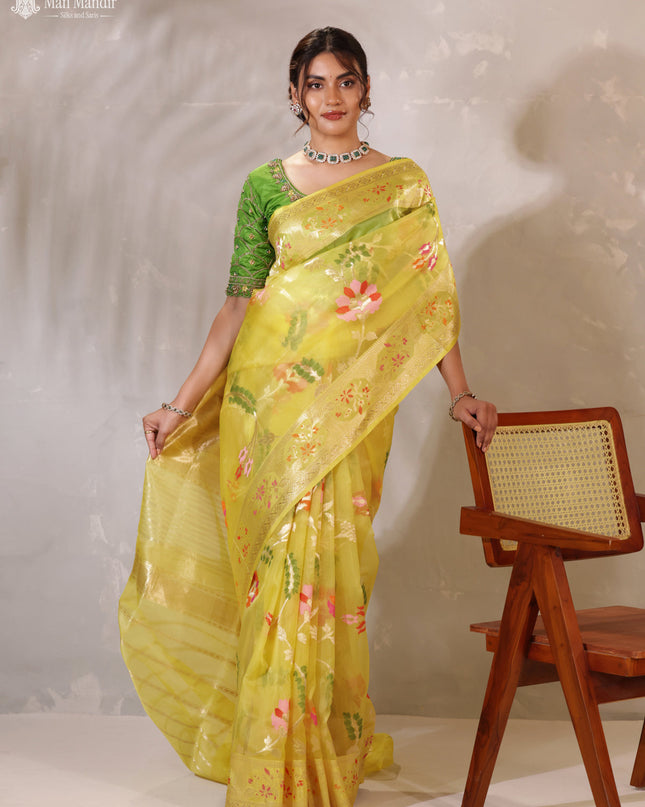 Yellow Banarasi Kora Silk Saree
