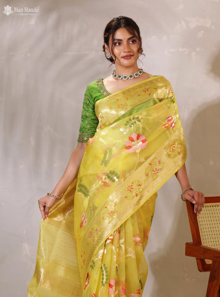 Yellow Banarasi Kora Silk Saree