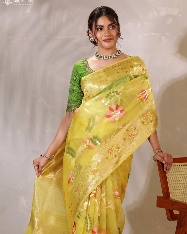 Yellow Banarasi Kora Silk Saree