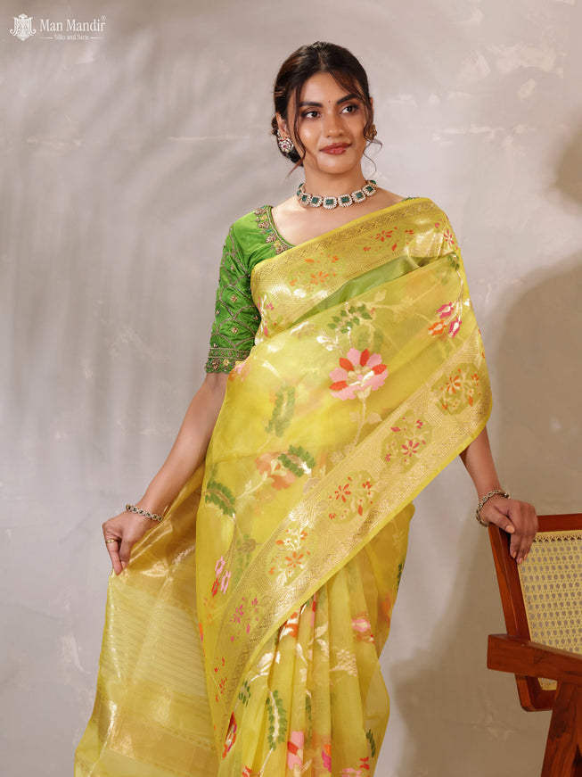 Yellow Banarasi Kora Silk Saree